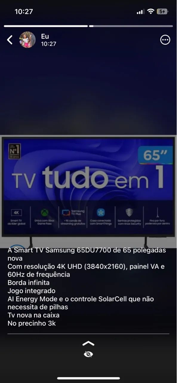 Tv 65 polegadas Samsung Du7700 com garantia de 1 ano 