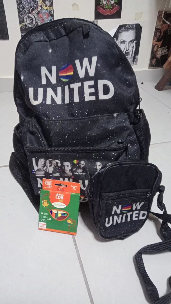 Mochila Now United+bolsa pequena+mini caixa de lápis de colorir
