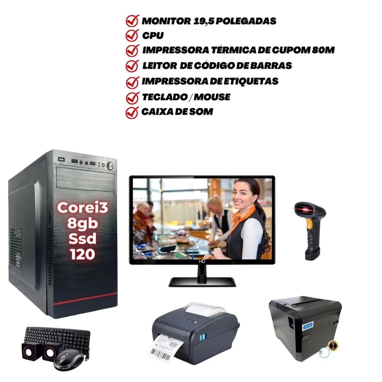 Computador Completo com Monitor 19,5 Polegadas, Leitor e Impressoras