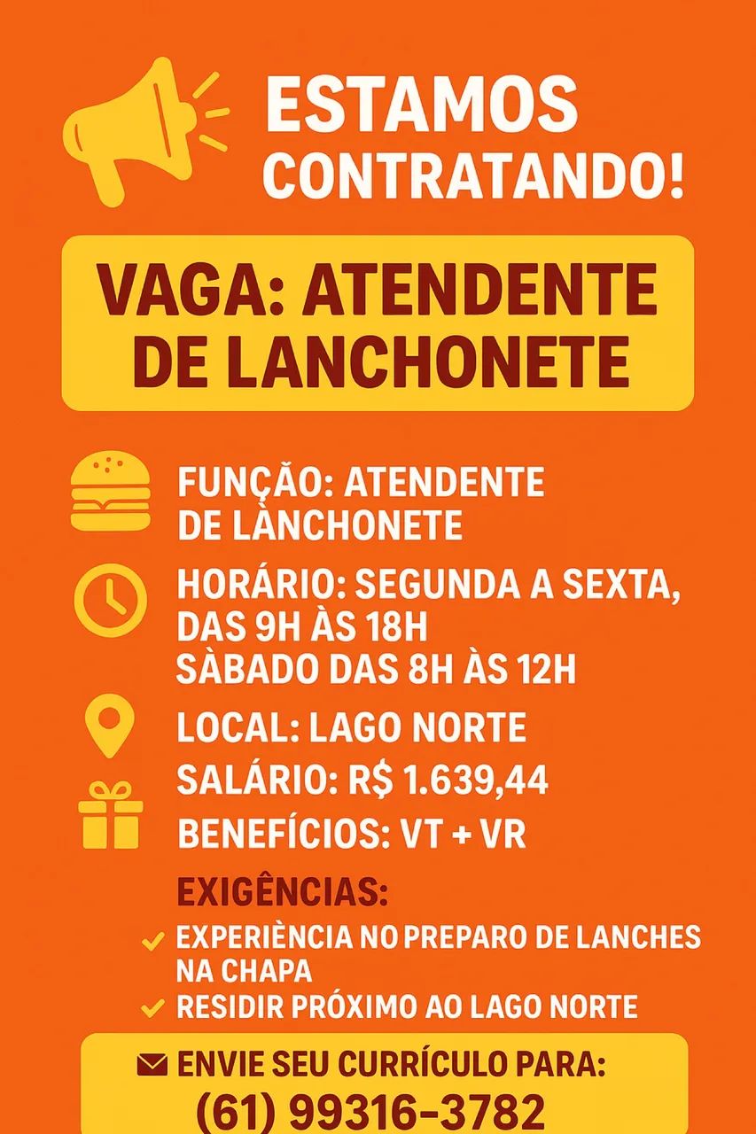 Vaga para atendente de lanchonete