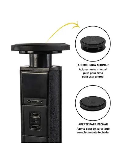 Torre De 3 Tomadas Usb A Usb C Multiplug 20a Retrátil Bivolt Cor Preto - Foto 4