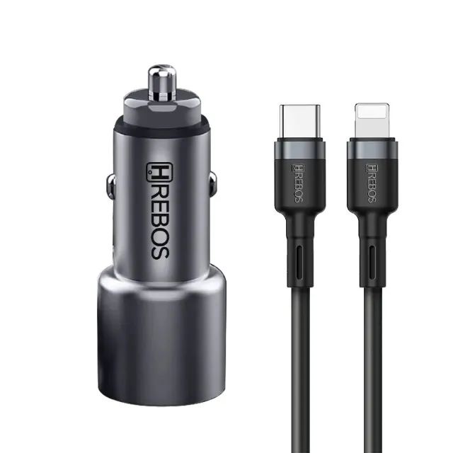 HREBOS Premium Kit Carregador Veicular 60W 2x USB-C com cabo Lightning - Cinza - Foto 3