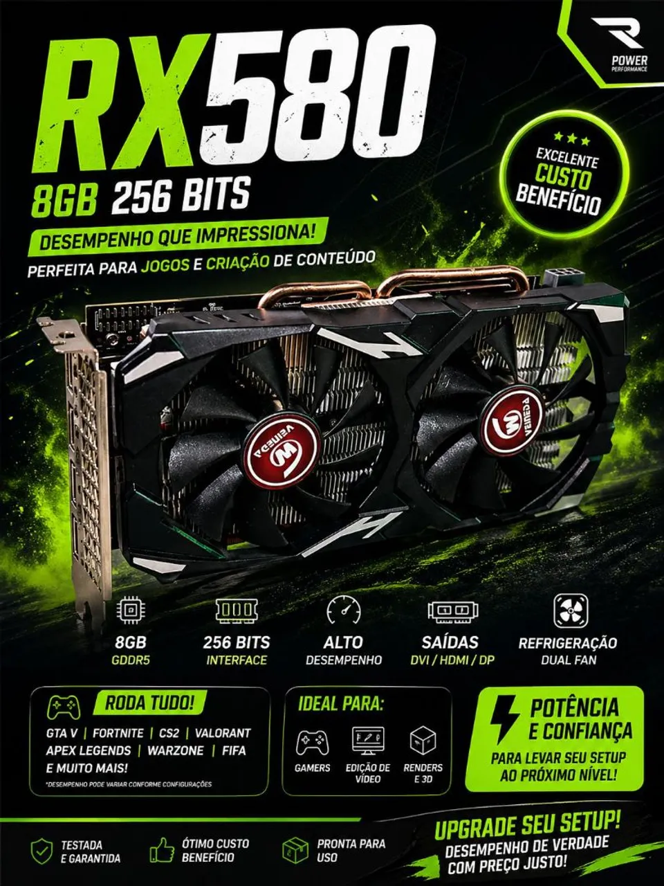 Placa de Vídeo RX 580 8GB Veineda DDR5 Muito Fria + Envio Imediato