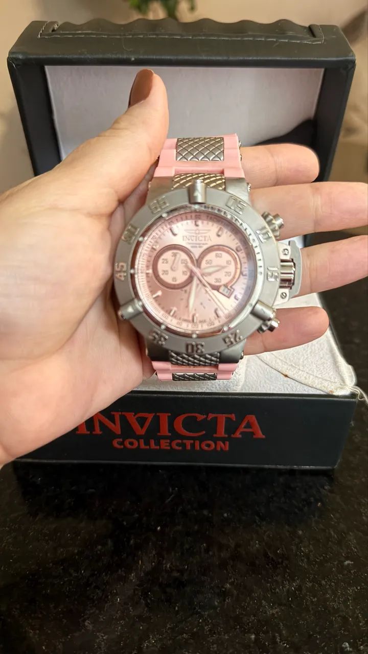 Relógio Invicta Subaqua 1383 com mostrador rosa e pulseira de borracha 