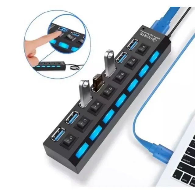 Hub USB 7 Portas 2.0 com Interruptor Individual LED Alta Velocidade 5Gbps Extensor USB - Foto 3