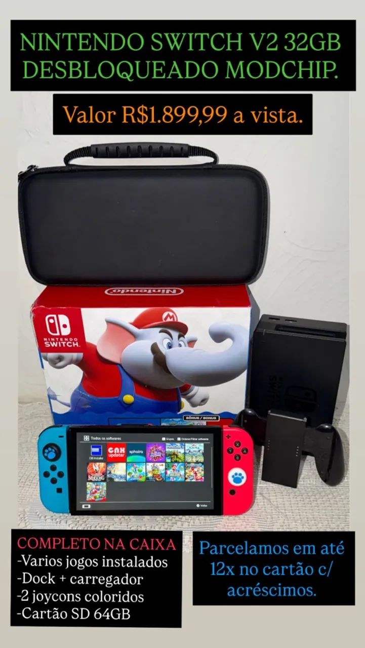 Nintendo Switch V2 32GB + SD64GB D.E.S.B.L.O.Q.U.E.A.D.O modchip com vários jogos