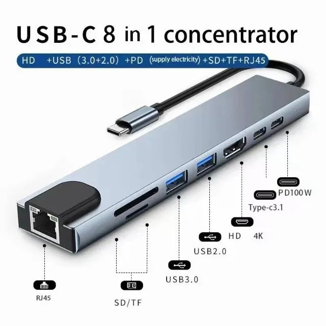 Adaptador de Hub USB Tipo C para Macbook Notebook, 8 em 1