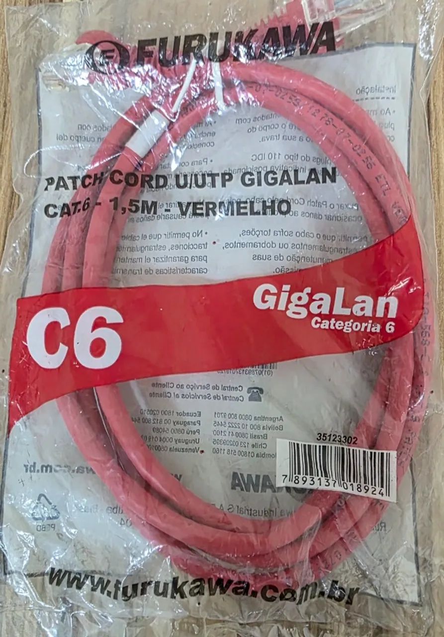 PATCH CORD U/UTP GIGALAN CAT-6 1,5 MTS VERMELHO
