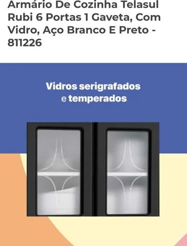 Armário De Cozinha Telasul Rubi 6 Portas 1 Gaveta, Com Vidro, Aço Branco E  Preto - 811226