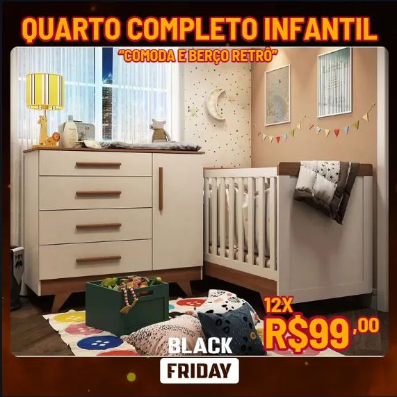 Quarto Infantil Retrô: Cômoda e Berço com Design Elegante e Estilo Atemporal