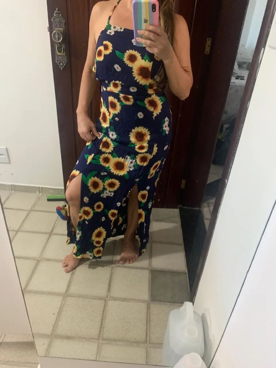 Vestido longo com estampa de girassol