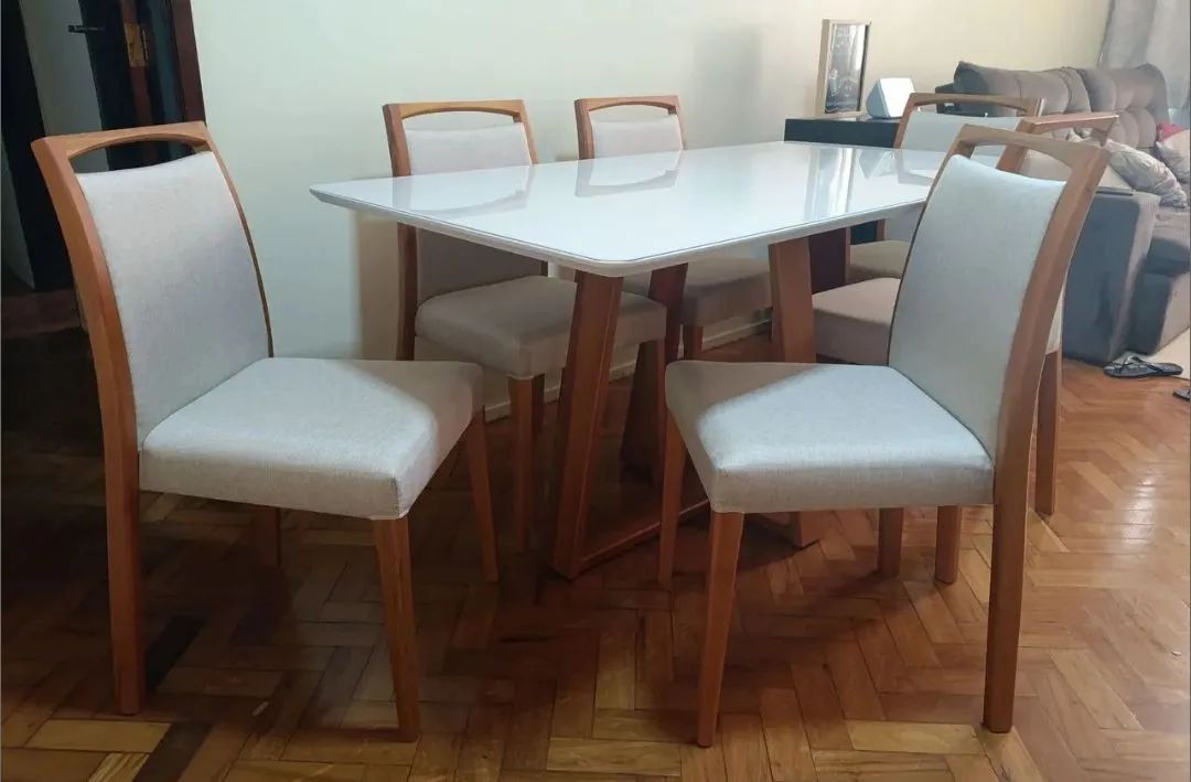 Mesa de jantar em madeira com 6 cadeiras lunna 