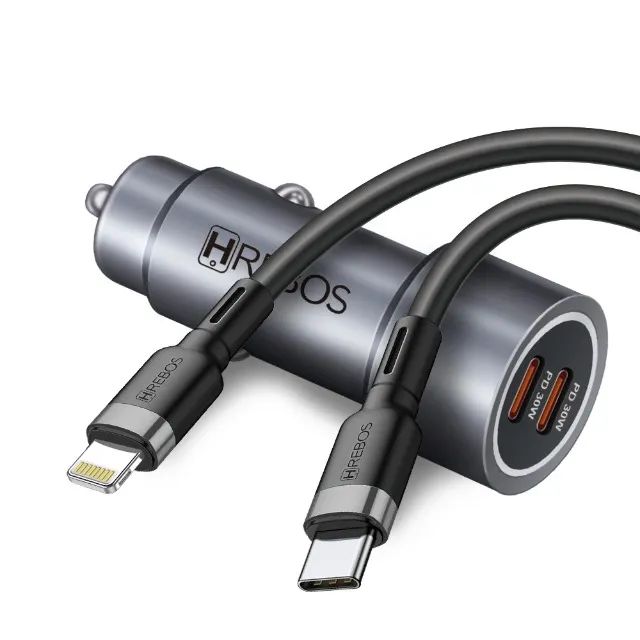 HREBOS Premium Kit Carregador Veicular 60W 2x USB-C com cabo Lightning - Cinza - Foto 4