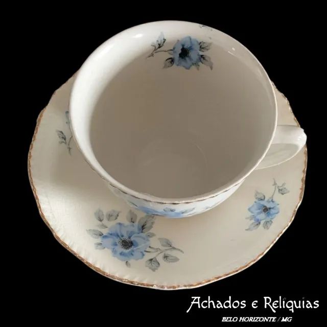 Lindo conjunto de chá antigo Wood's Ivory Ware England com delicadas flores azuis - Foto 2