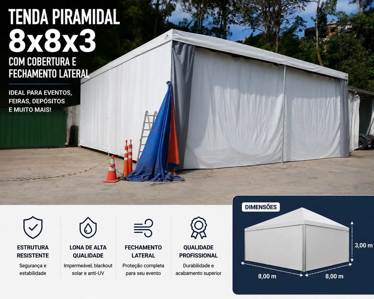 Tenda piramidal 8x8x3 com laterais 