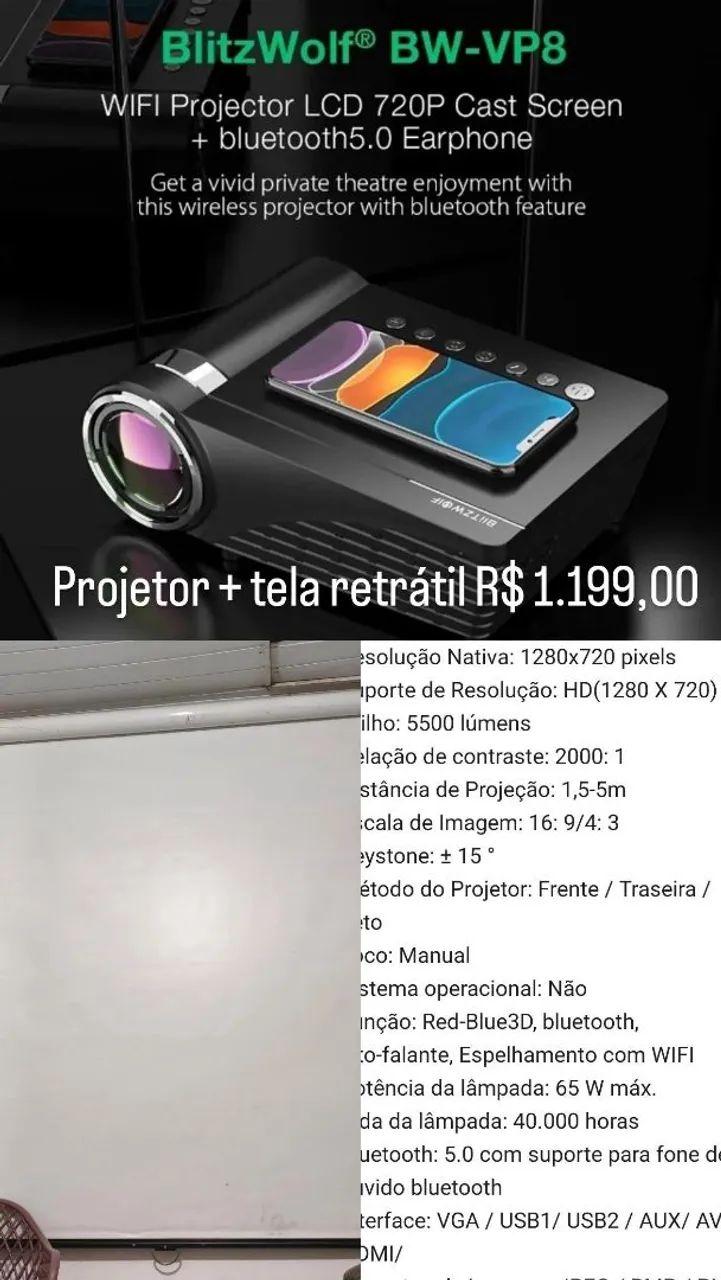 Projetor mais tela retrátil 