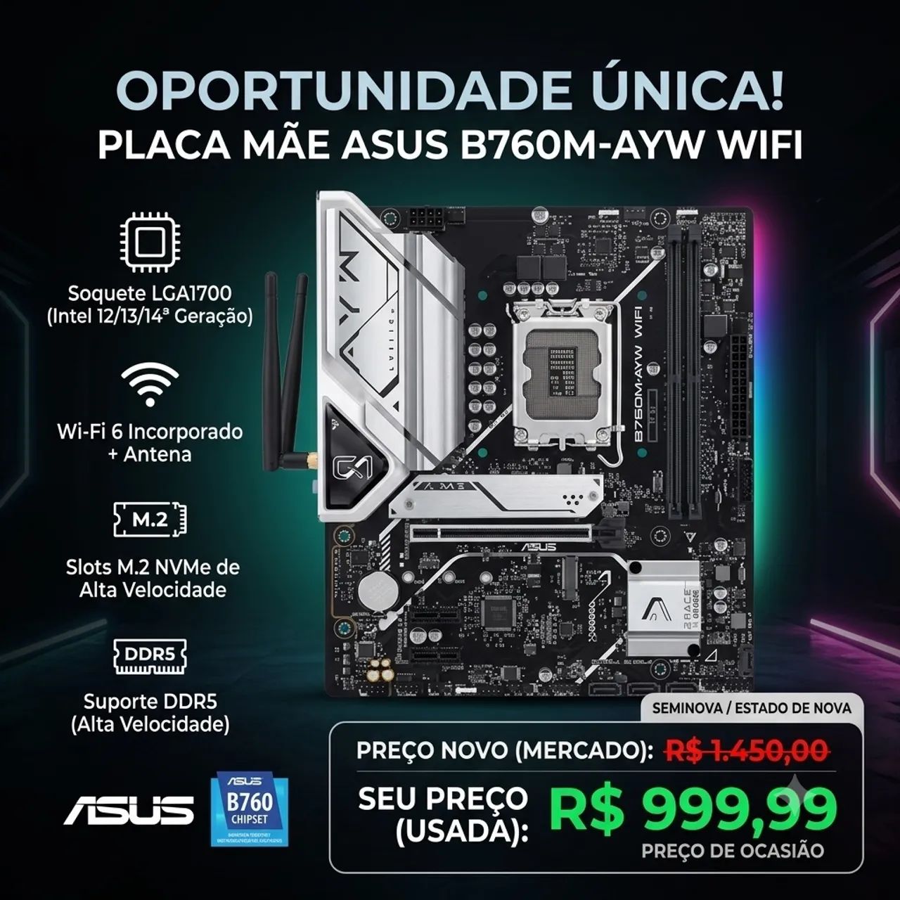 Placa mãe B760M-AYw Wifi Asus 
