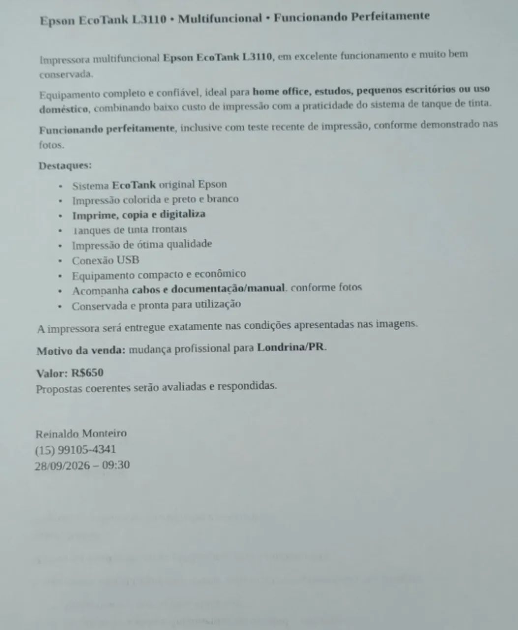 Epson EcoTank L3110 - Multifuncional - Funcionando Perfeitamente - Foto 5