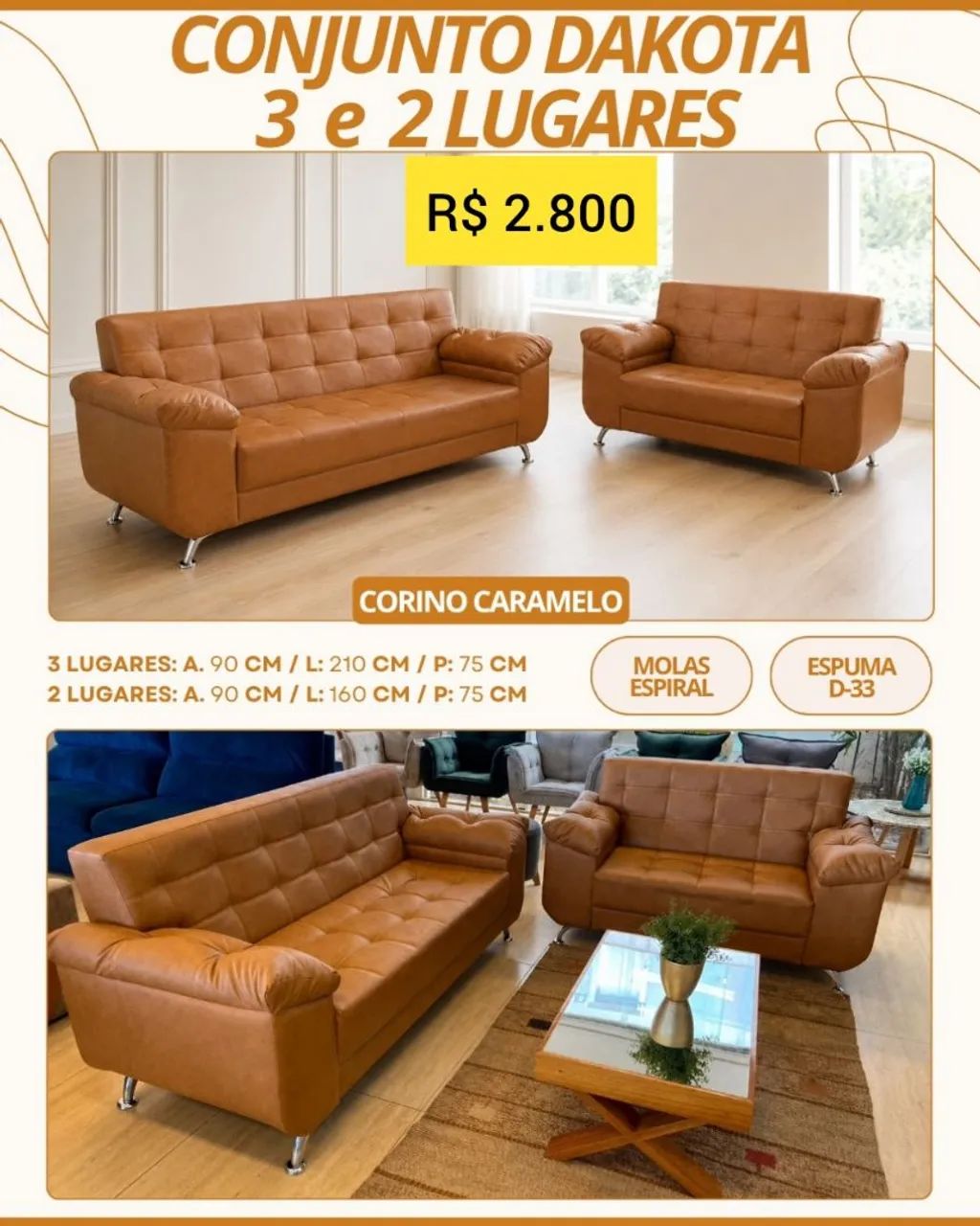 Sofá de 2 e 3 lugares em courino 