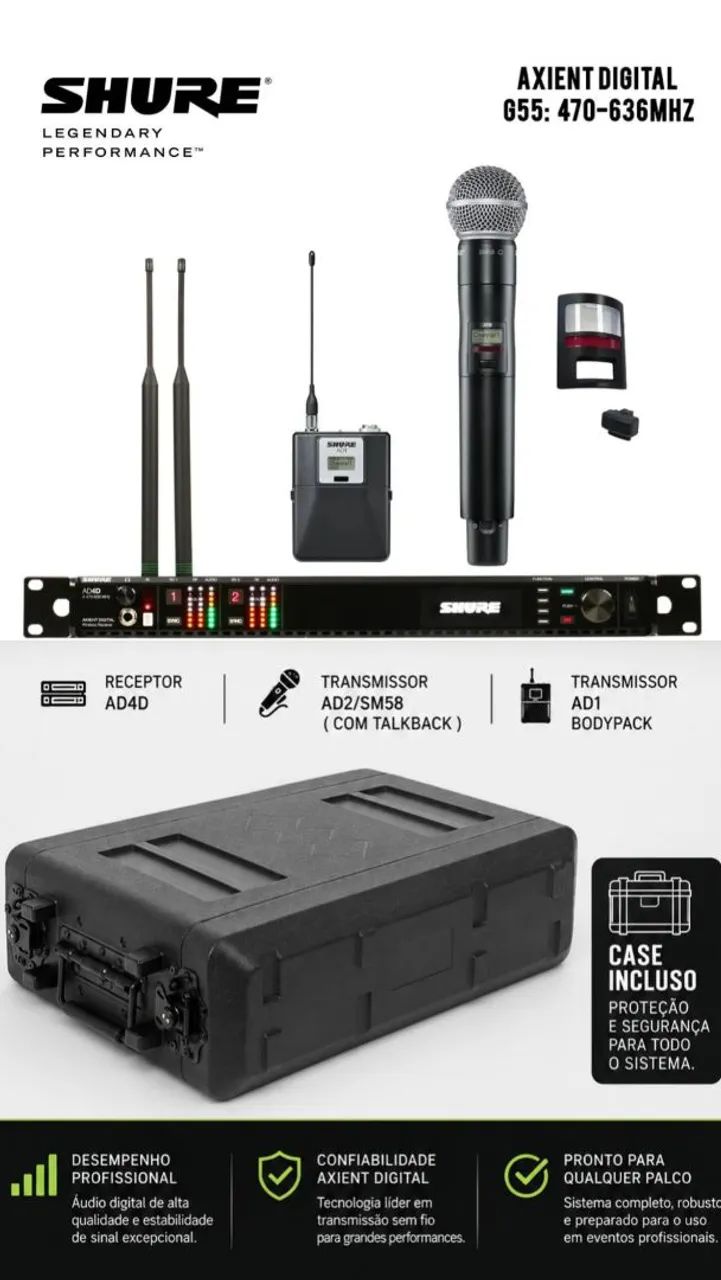 Sistema sem Fio Axient Digital AD4D + AD1 + AD2 + RACK 