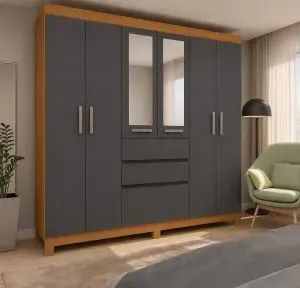 Guarda Roupa Berna com Espelho Cinamomo e Grafite Novo!