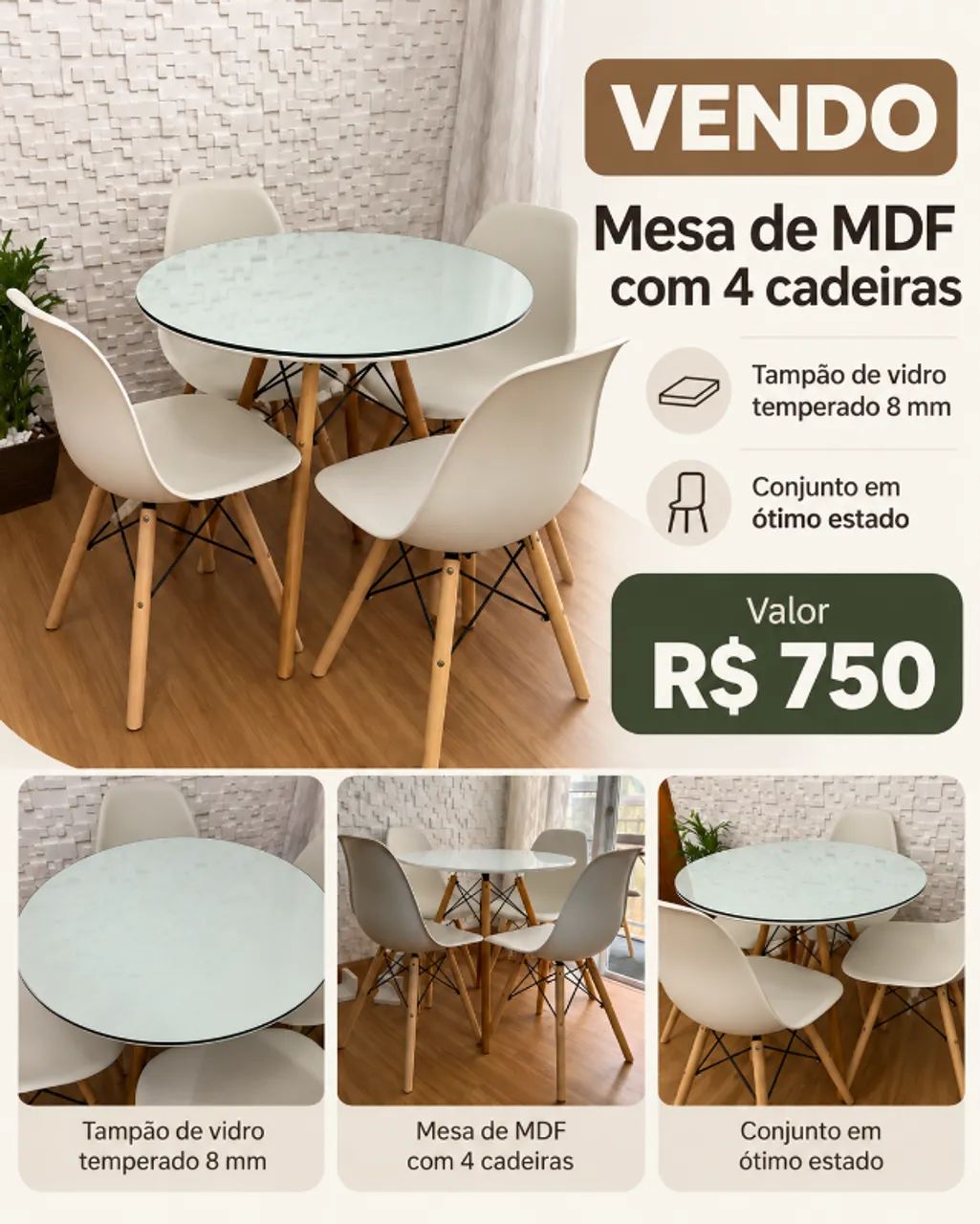 Mesa de jantar 4 lugares MDF 