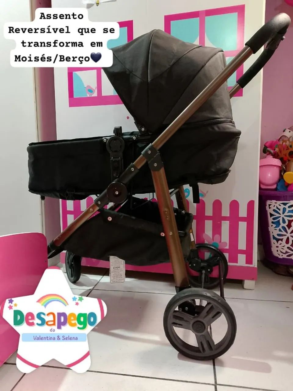 Kit Carrinho de bebê Moisés 3em1+ Bebê conforto Preto Napoli Galzerano Bem Conservado ? - Foto 3