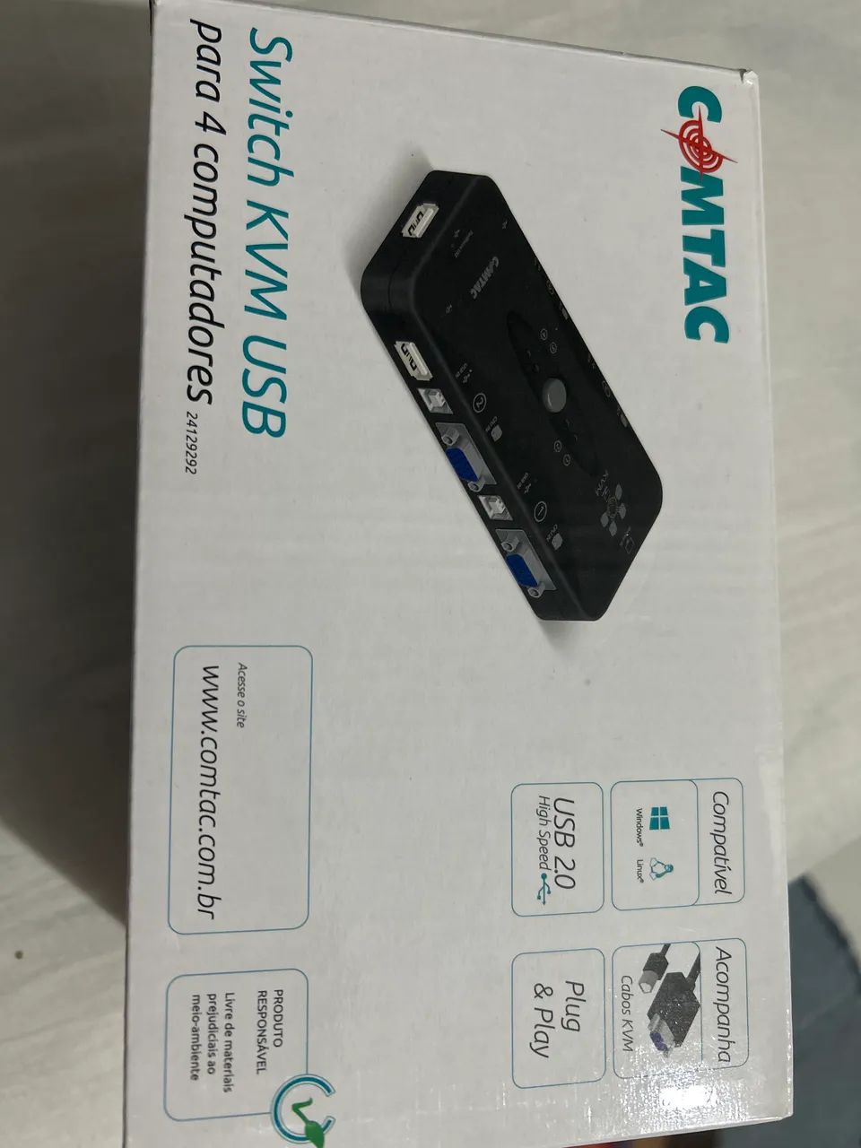 Switch KVM USB Comtac para 4 Computadores VGA + USB - Completo