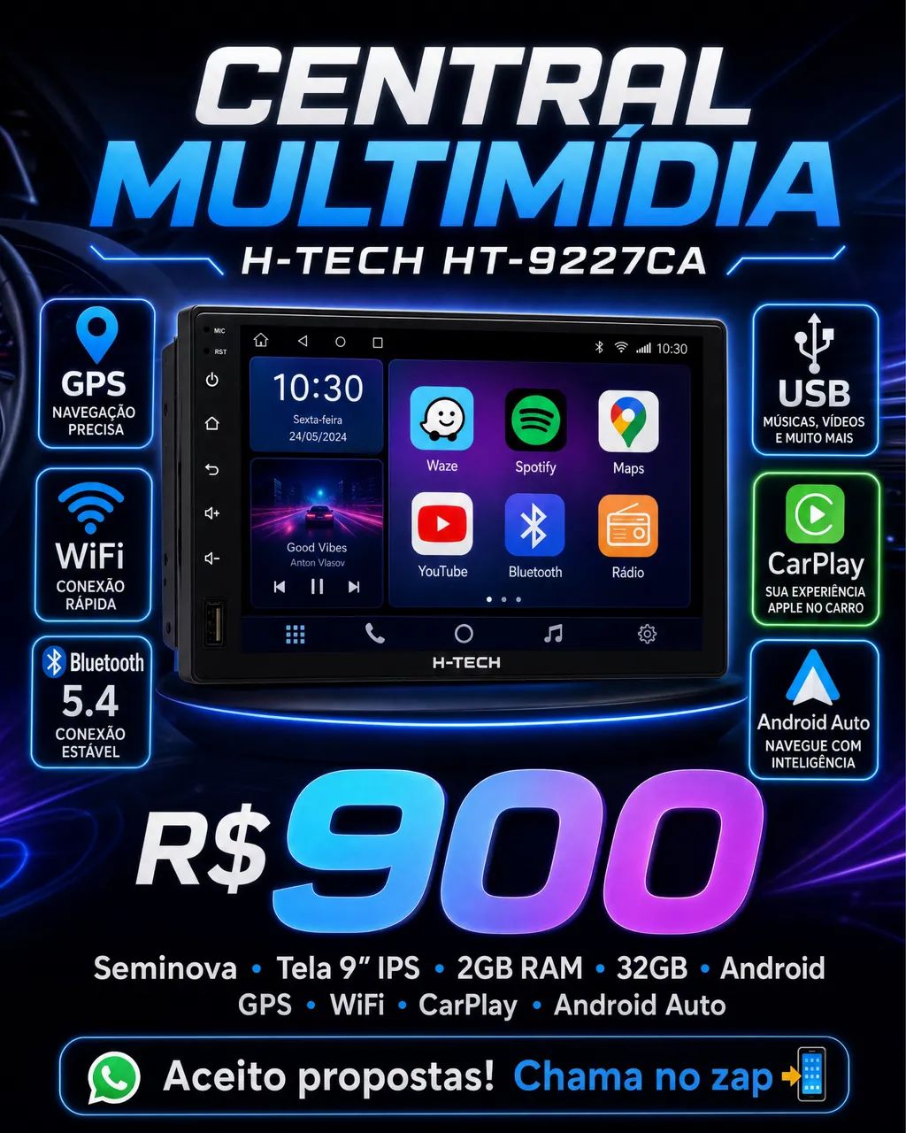 Central Multimídia H-Tech 9? Android | CarPlay | Android Auto | GPS | Seminova - Foto 3