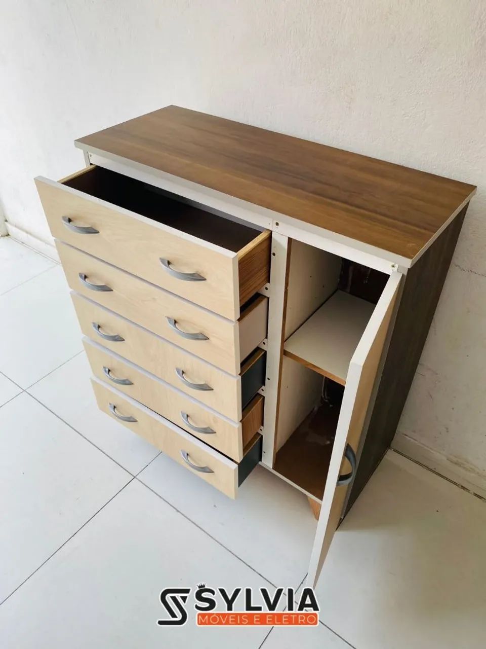 Cômoda 5 gavetas com sapateira ( branco e amadeirado) - Foto 2