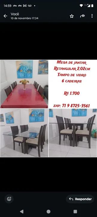 Mesa de Jantar Retangular 2,02cm Tampo de Vidro 6 Cadeiras