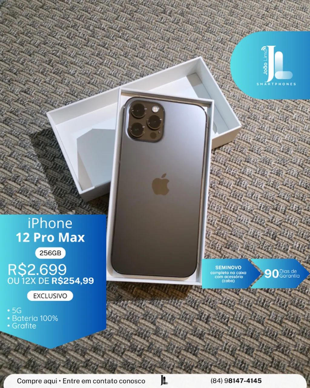 IPHONE 12 PRO MAX, 256GB, GRAFITE, BAT 100%, SEMINOVO, EXCLUSIVO