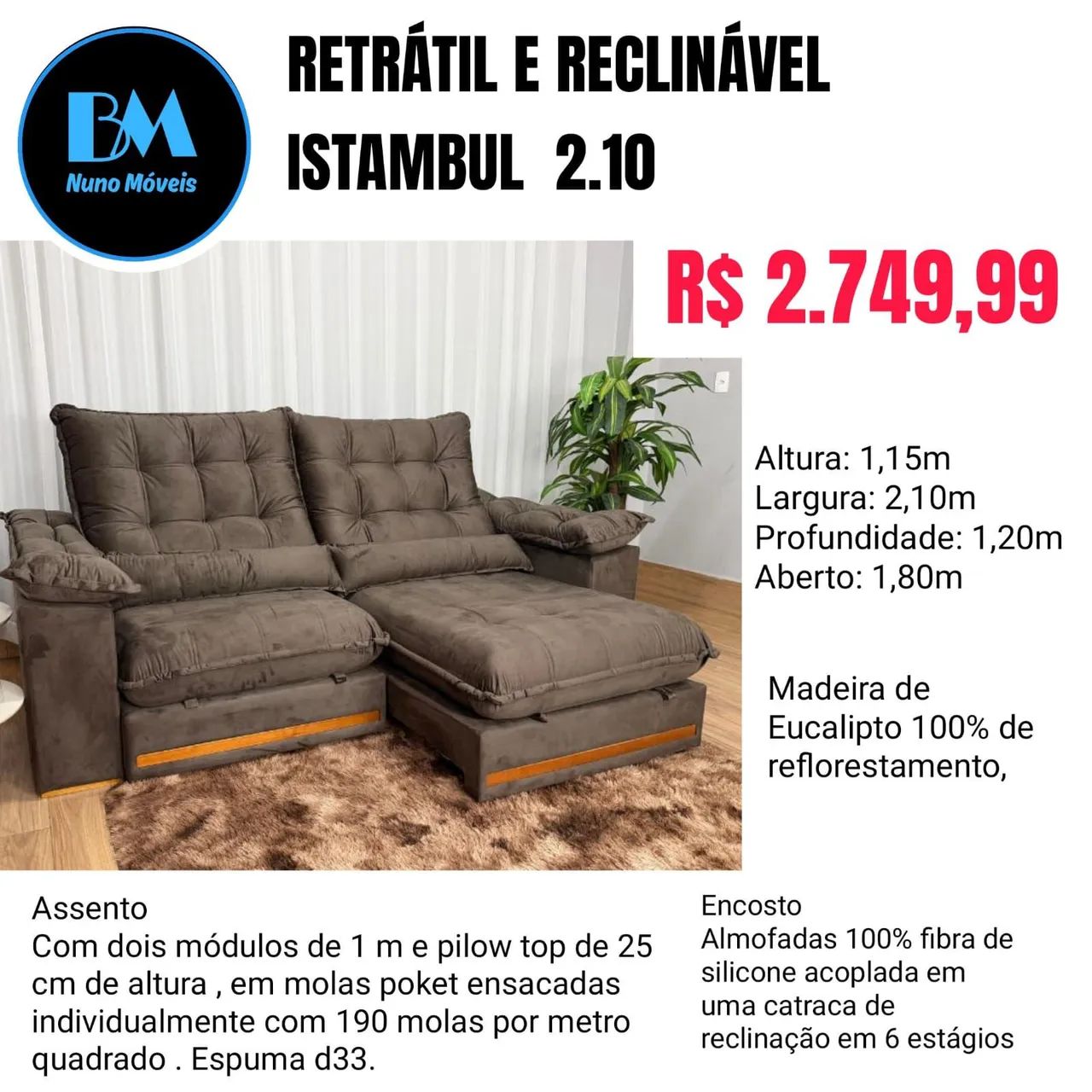 Sofá Retrátil e Reclinável Istambul 2.10m - Foto 2