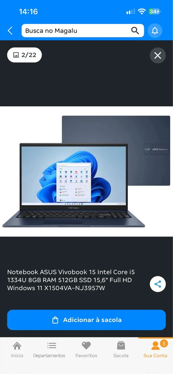 Notebook ASUS Vivobook Intel Core I5, 15,6? 512GB