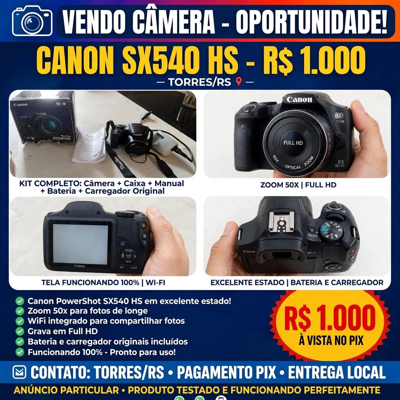 Canon PowerShot SX540 HS - Zoom 50x - WiFi - Caixa + Carregador