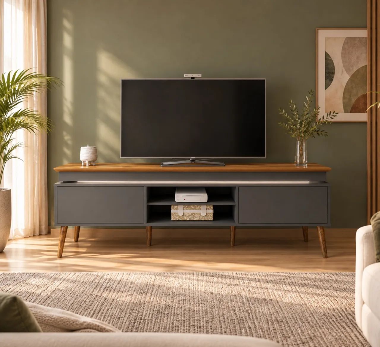 Rack Bancada Lumina Artely com LED, ideal para TVs até 75 Polegadas;