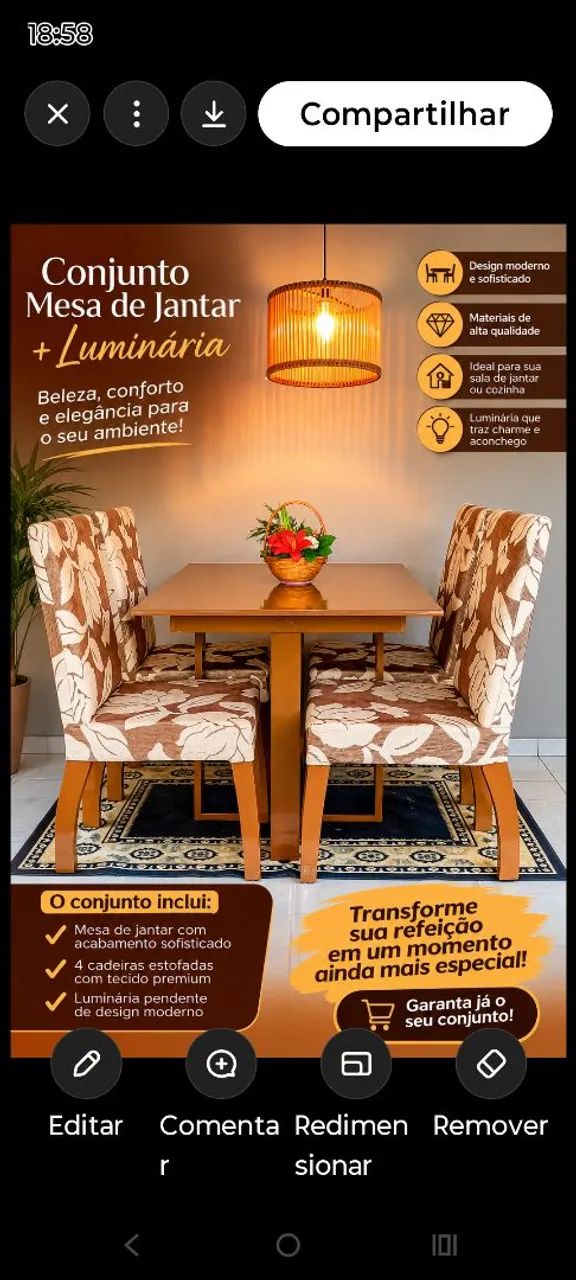 Conjunto de mesa de jantar em madeira