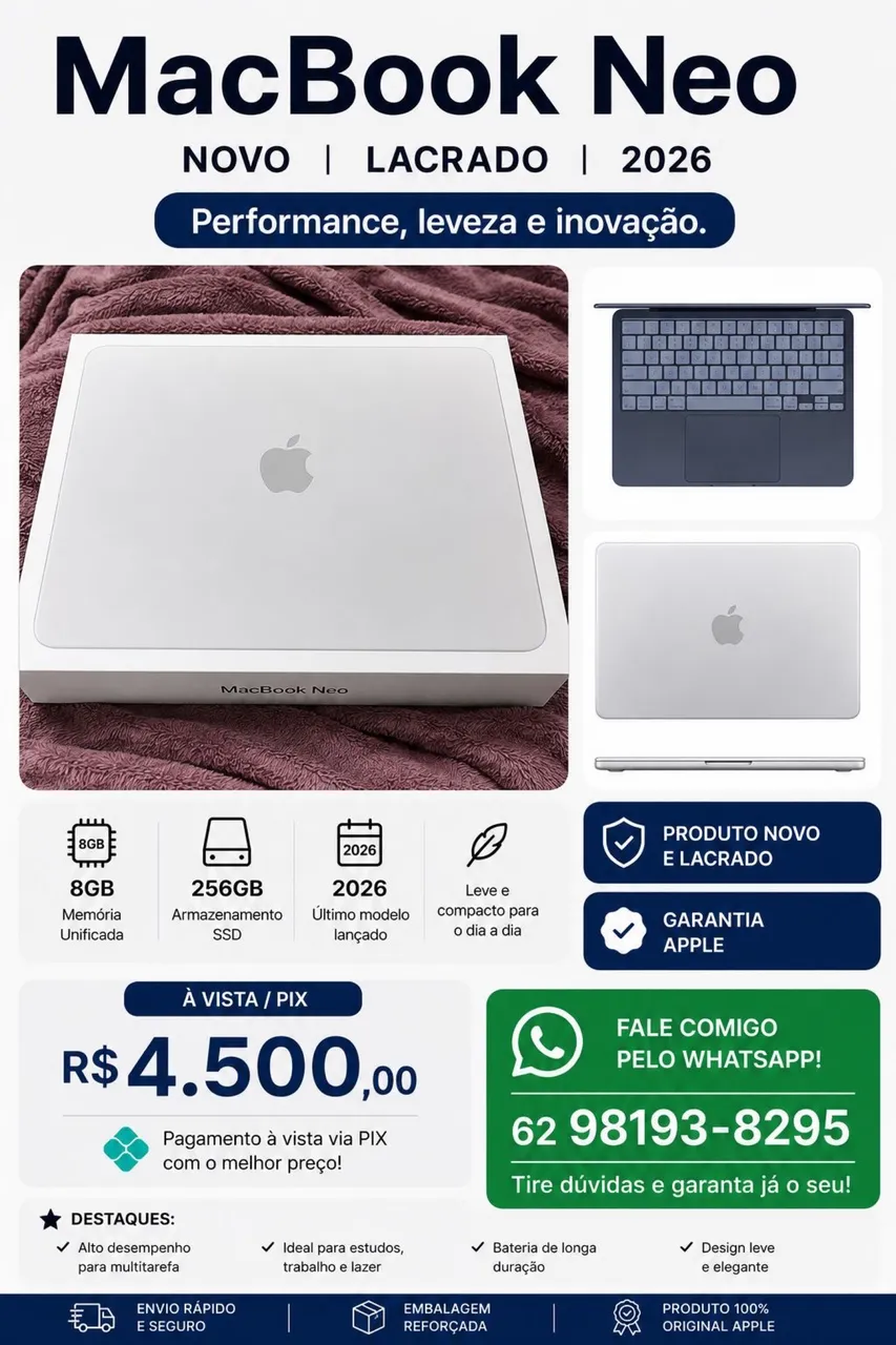 Macbook neo 8gb / 512gb touch id novo lacrado LOJA FÍSICA 1 ano de