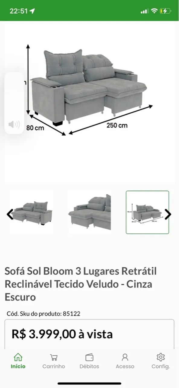 Sofá Sol Bloom 3 Lugares Retrátil Reclinável Tecido Veludo - Cinza Escuro - Foto 4
