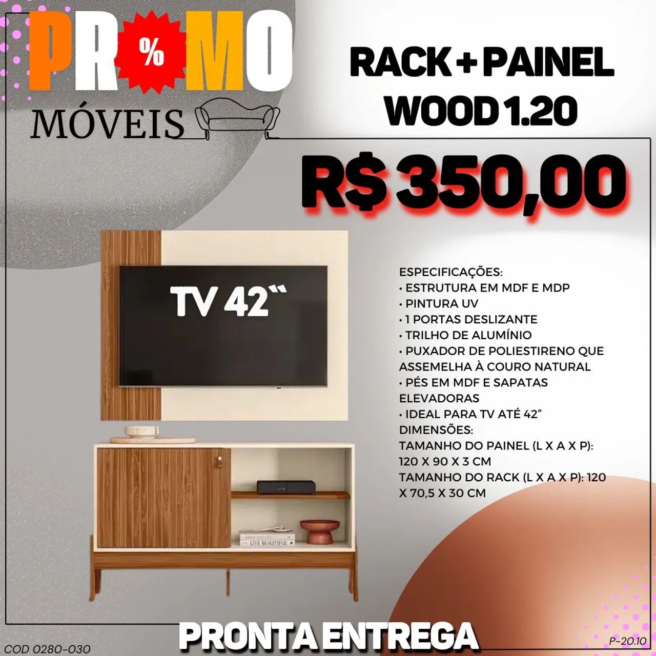 Painel para TV com Rack Amadeirado e Branco - Foto 3