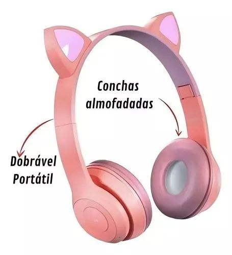 Headset Fone De Ouvido Bluetooth Led Orelha Gato Headphone Cor Rosa - Loja Natan Abreu  - Foto 4