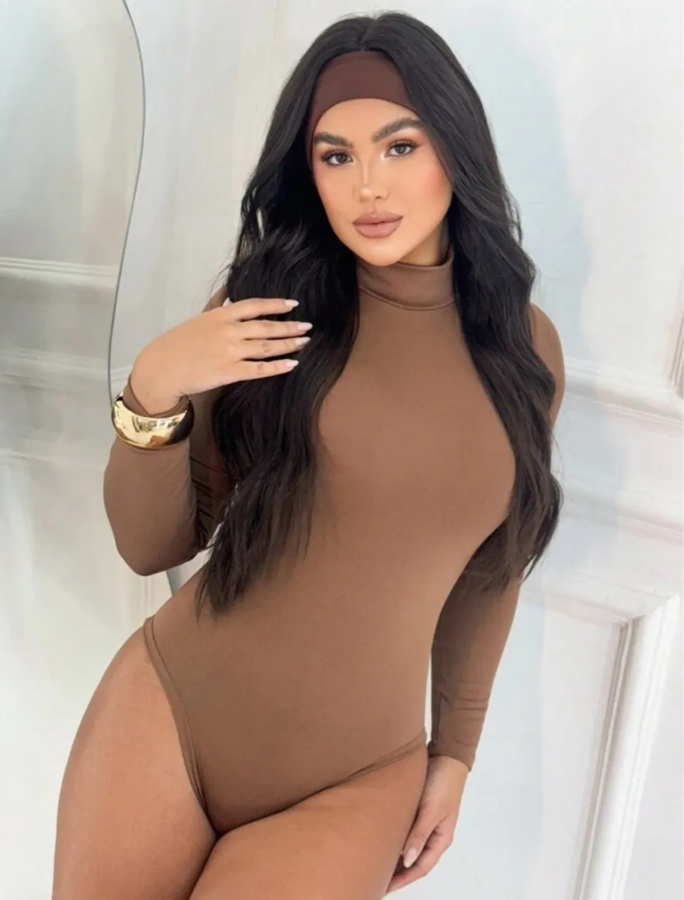 Body Manga Longa Marrom Elegante