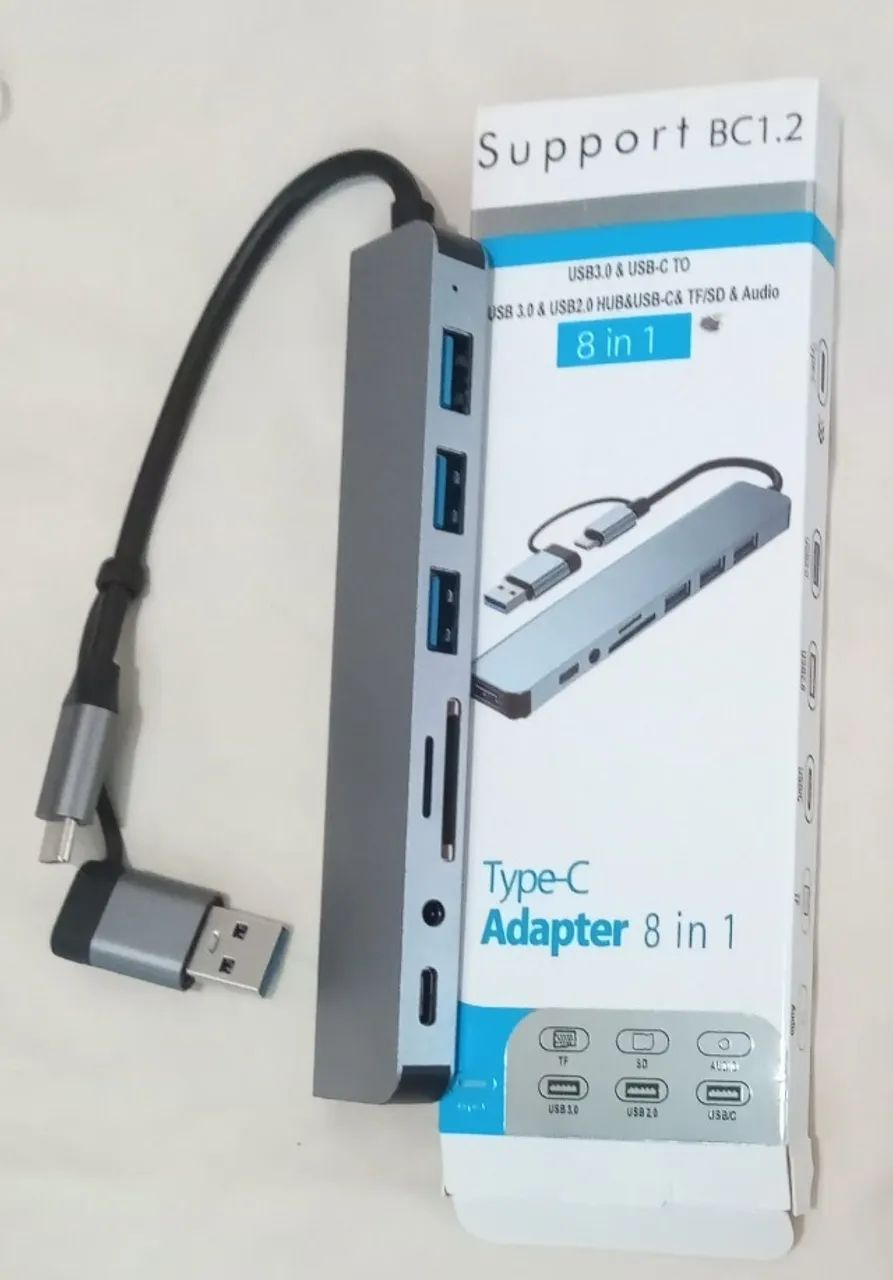 Hub - USB - 8 em 2 - Com adaptador Tipo C - Usb-Audio-TF-UsbC - Not-PC-Mac-Cel - Foto 2