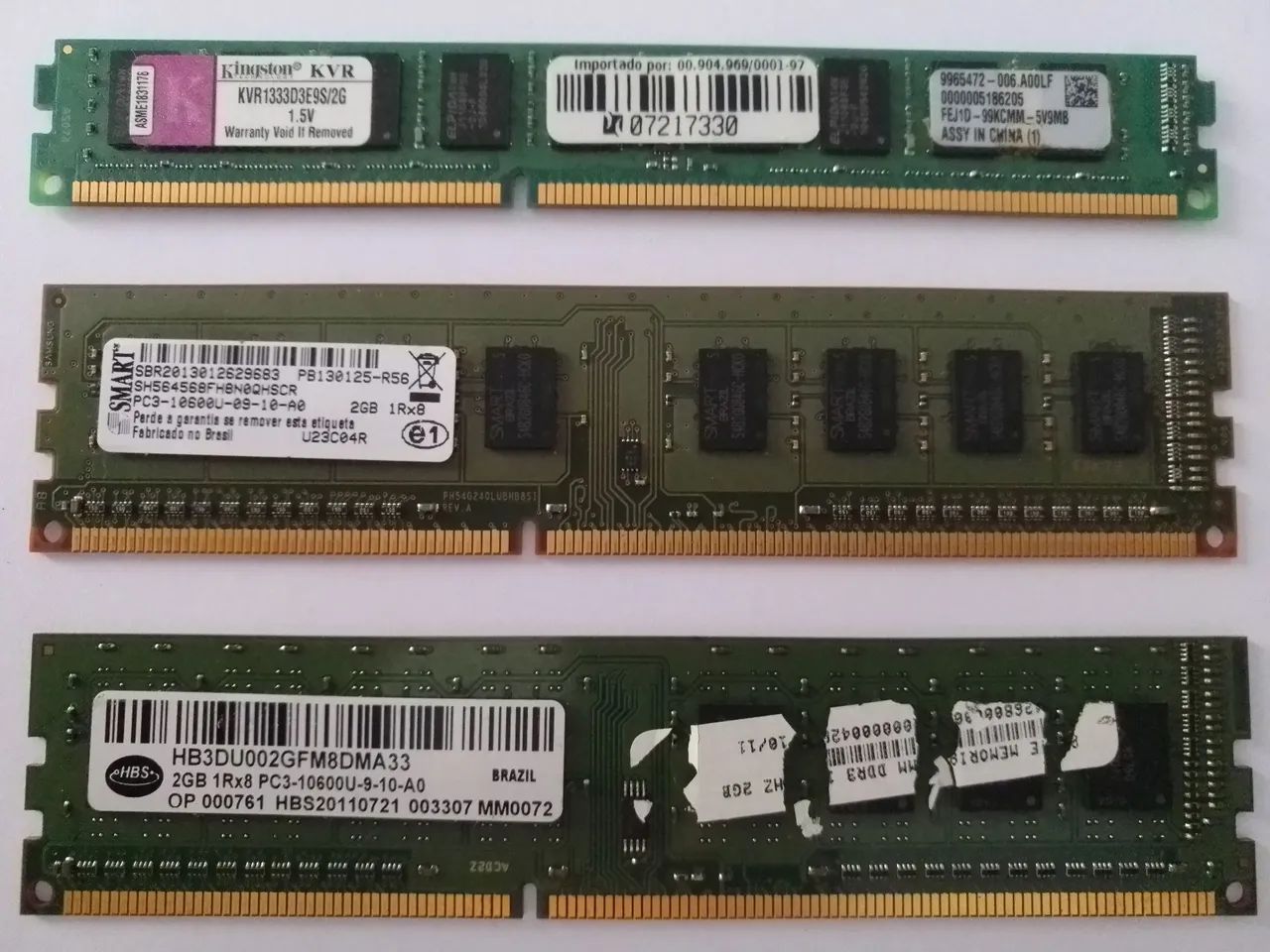 03 módulos de memória 02gb cada PC3-10600 para PC