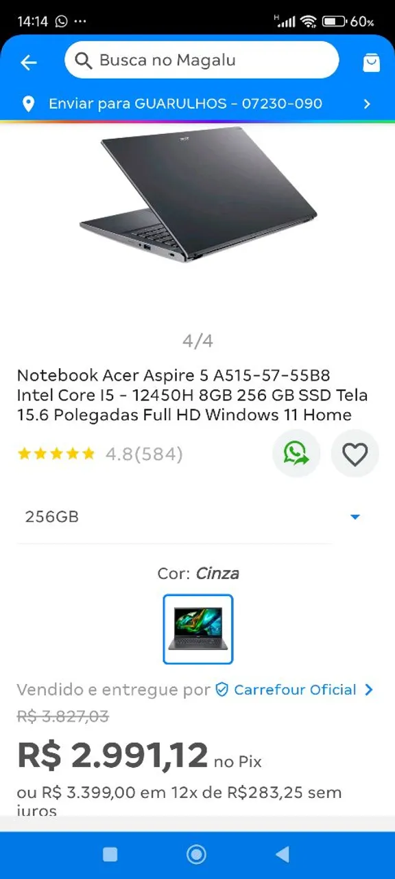 Notebook Acer Aspire 5 Intel Core i5 8GB 256GB SSD 15.6