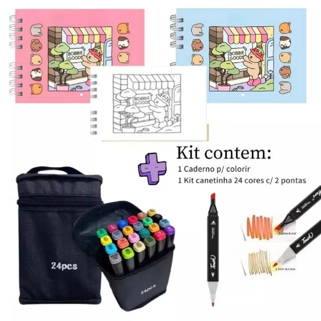 Kit de Livro de Colorido BooBoo Goods 50 Folhas+Jogo Caneta Marcadora 24 Pintura