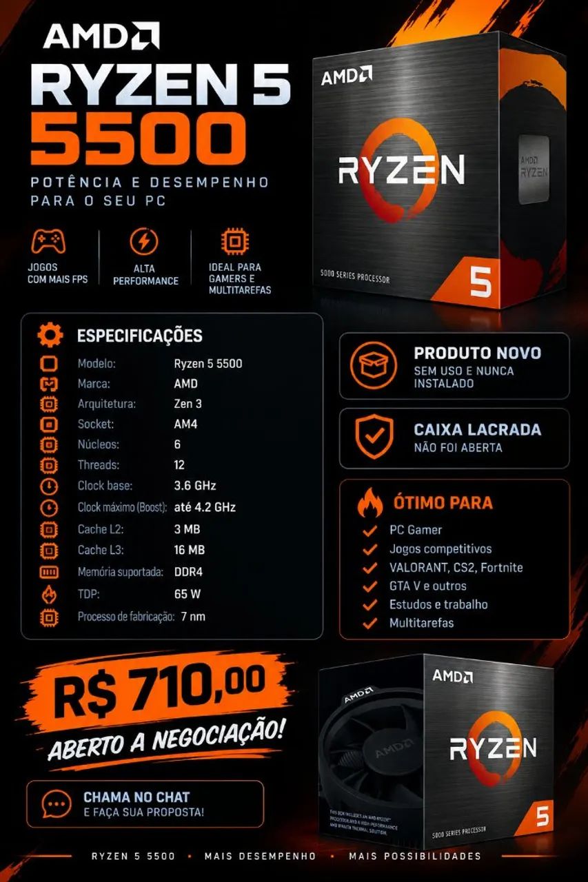 Processador AMD Ryzem 5 5500 Novo e lacrado (preço a discutir