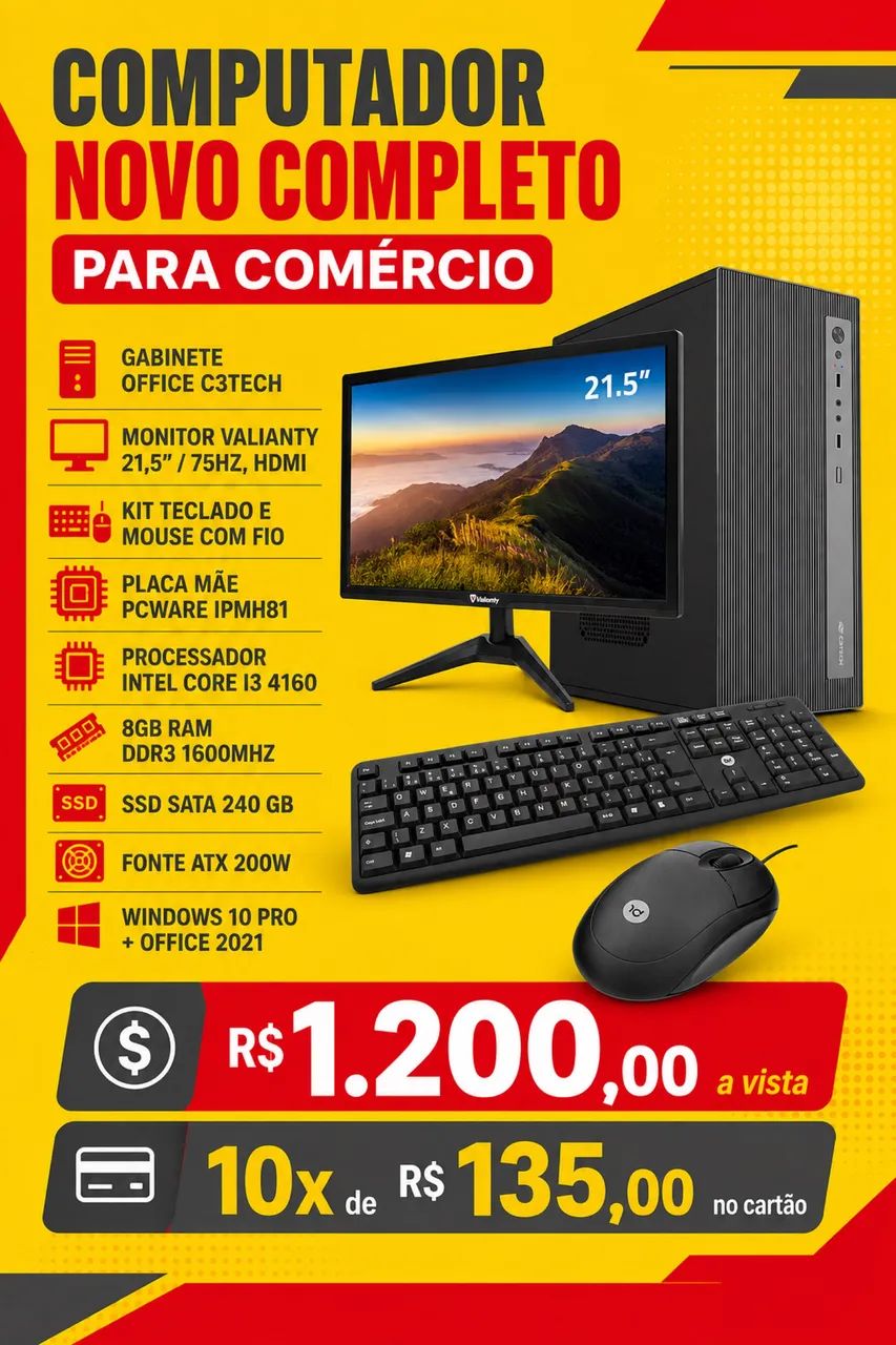 COMPUTADOR NOVO COMPLETO PARA COMÉRCIO, ESTUDO E TRABALHO