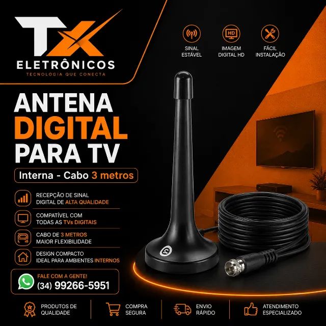 Antena para Tv Digital - Universal - Cabo 3metros - Antena Interna para Tv