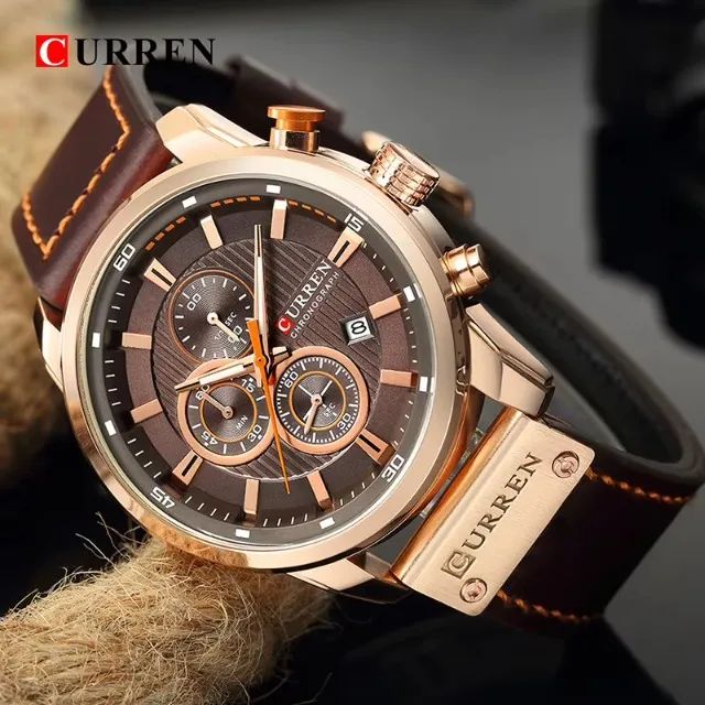 Relógio Masculino Curren 8291 Cronógrafo Couro Rose Black
